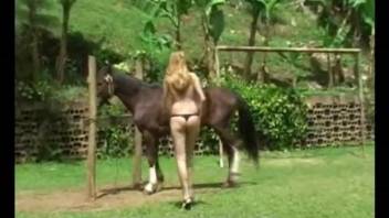 Hot blonde insane horse zoophilia in outdoors