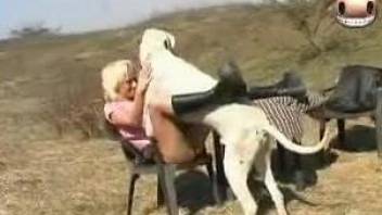 Blonde whore leaves the dog to sting her pussy a few times