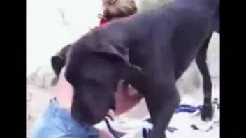 Blonde woman with a mask and jean skirt bangs a canine outside