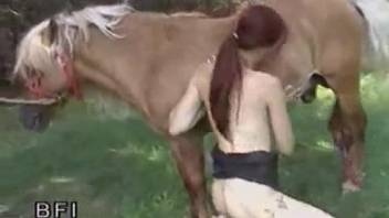 Slender redhead sucks pony's small cock in the fresh air