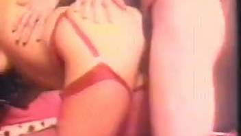 Naughty lady in scarlet bikini adores her pup and her guy