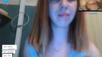 Webcam model broadcasts naked self-pleasure while viewing animal porn
