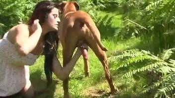 Redhead with sexy ass throats dog's dick in very sloppy modes