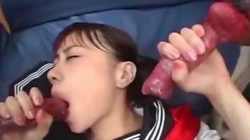 Asian beauty licking dicks and being really kinky