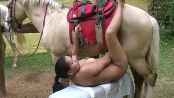 Drooling bitch demands to screw a well-hung horse